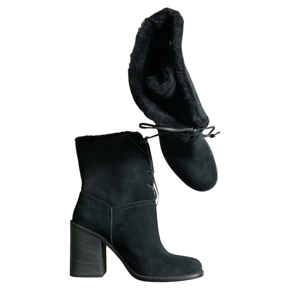 Ugg Jerene Genuine Shearling Boot Black Suede Leather block heel Size 10 1098313